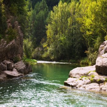Mountains river with rocky riverside. Pyrenees Mountains river with rocky riverside. Llobregat, Pyrenees